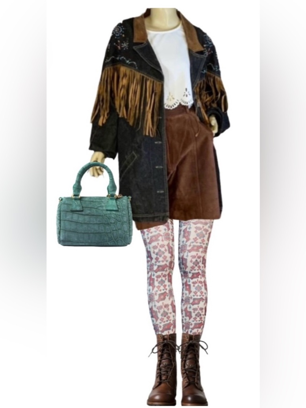 VINTAGE 1990'S CAROLE LITTLE SPORT DENIM JACKET W/TAN SUEDE FRINGE ACCENTS (14)